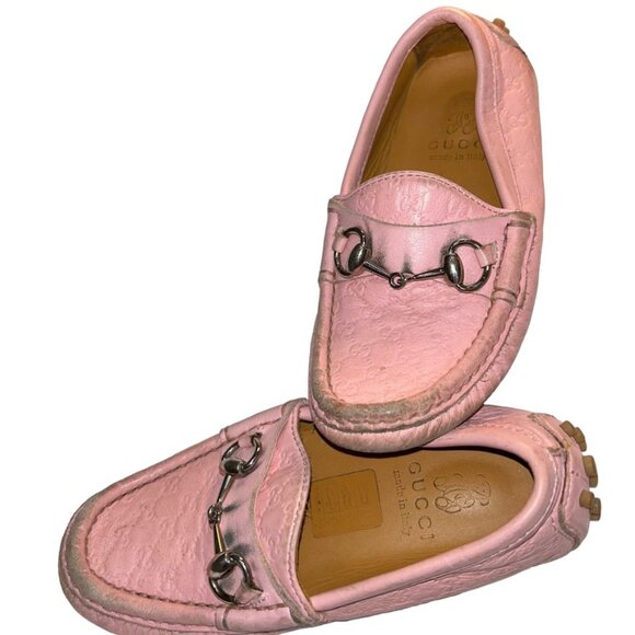 Gucci pink GG logo imprint leather GIRLS driving Italian moccasins 37 5 - Picture 1 of 6